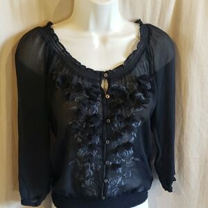 Abercrombie & Fitch Navy Blue Sheer Floral Detail Button-Up Blouse Size XS